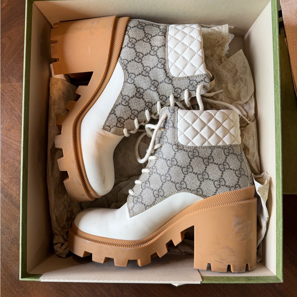 Gucci Apollo White Leather & Beige GG Canvas Platform Lug Lace-Up Boot - Picture 3 of 9
